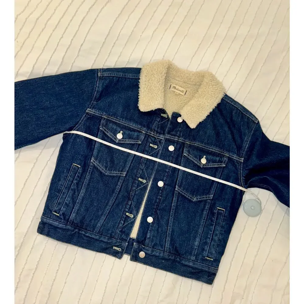 Madewell Cropped Sherpa Denim Trucker Jacket Medium Oversized Western Americana - Picture 7 of 16